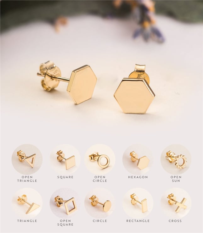 Sun Hexagon Circle Triangle Square Cross Stud Solid Gold Earring