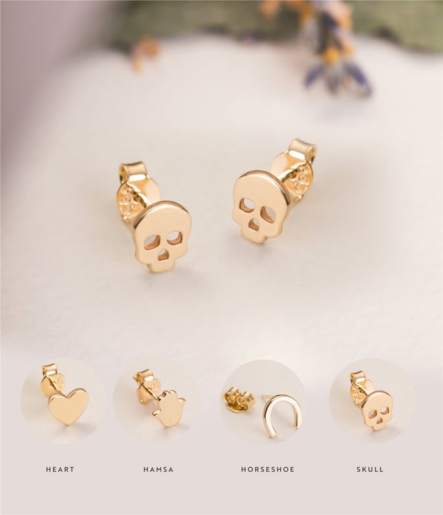 Hamsa Hand of Fatima Heart Skull Stud Solid Gold Earring
