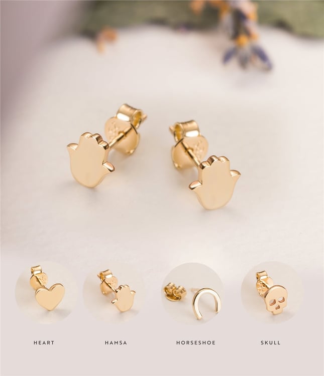 Hamsa Hand of Fatima Heart Skull Stud Solid Gold Earring