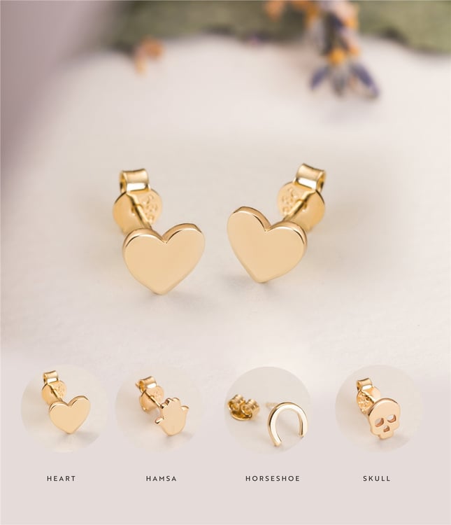 Hamsa Hand of Fatima Heart Skull Stud Solid Gold Earring