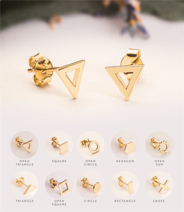 Sun Hexagon Circle Triangle Square Stud Solid Gold Earring