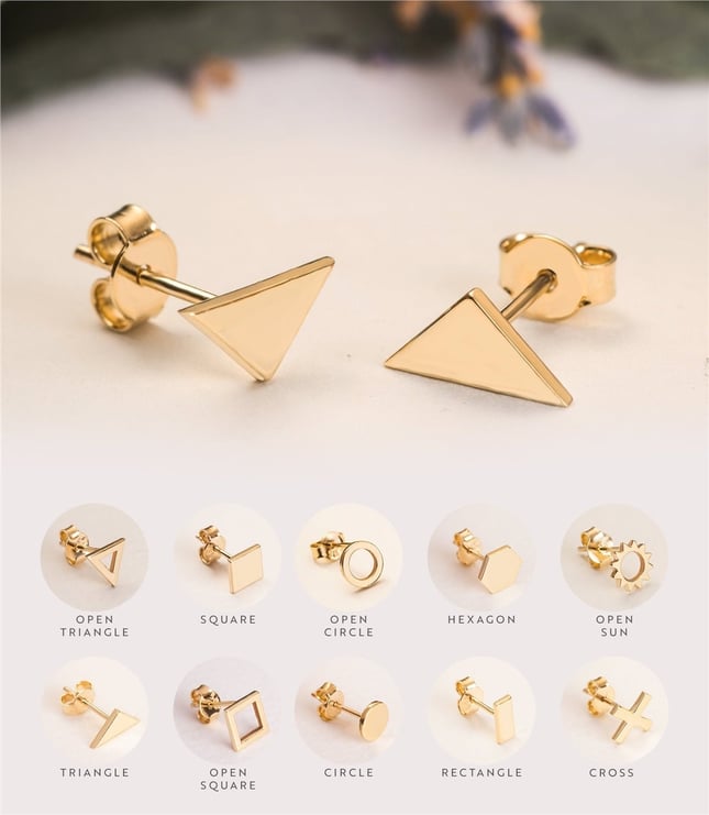Sun Hexagon Circle Triangle Square Cross Stud Solid Gold Earring