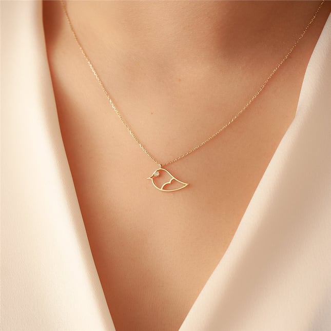 0.01 Ct Diamond Bird Solid Gold Necklace