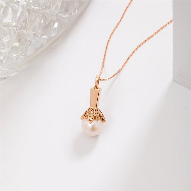 Pearl Cremation Leaf Solid Gold Necklace