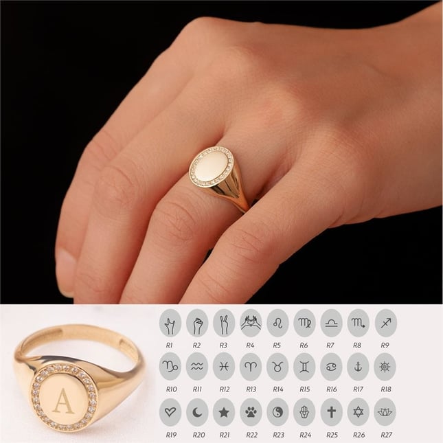 0.17 Ct Diamond Zodiac Initial Letter Halo Signet Solid Gold Ring
