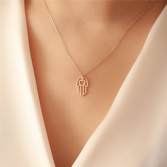 0.01 Ct Diamond Hamsa Hand of Fatima Heart Solid Gold Necklace