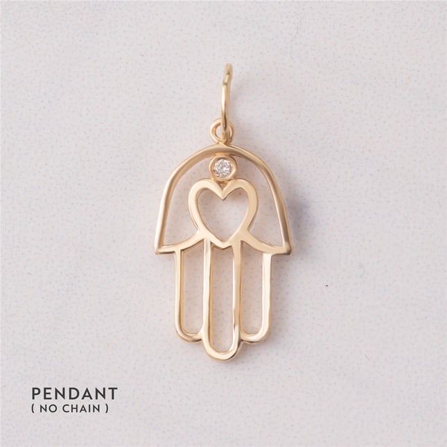 0.01 Ct Diamond Hamsa Hand of Fatima Heart Solid Gold Necklace