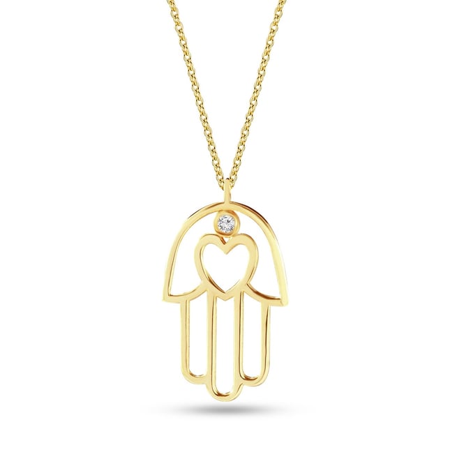 0.01 Ct Diamond Hamsa Hand of Fatima Heart Solid Gold Necklace