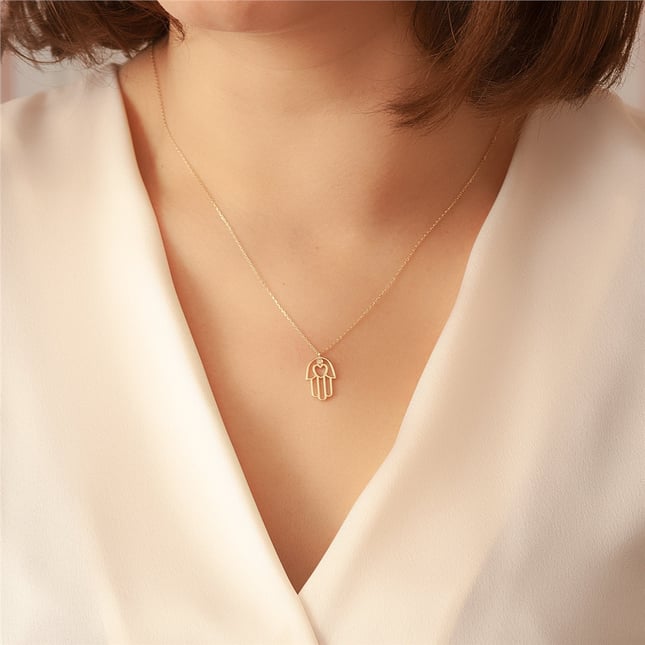 0.01 Ct Diamond Hamsa Hand of Fatima Heart Solid Gold Necklace