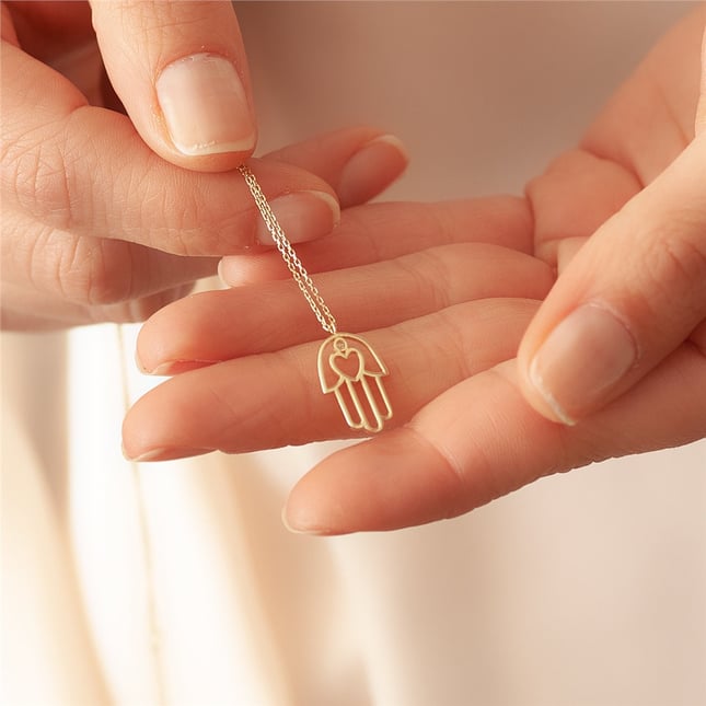 0.01 Ct Diamond Hamsa Hand of Fatima Heart Solid Gold Necklace