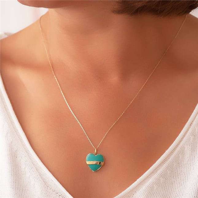 Personalized Enamel Heart Solid Gold Necklace