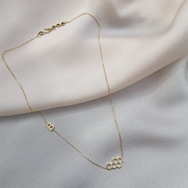 Honeycomb Initial Letter Personalized Solid Gold Necklace