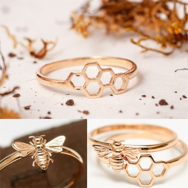 Honeycomb Bee Solid Gold Ring