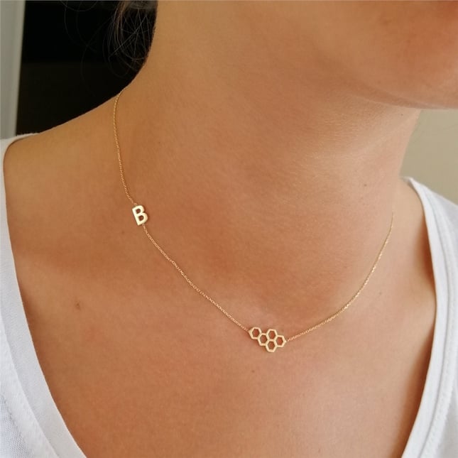 Honeycomb Initial Letter Personalized Solid Gold Necklace