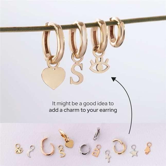 Evil Eye Hamsa Hand of Fatima Heart Star Cross Initial Letter Hoop Huggie Solid Gold Earring