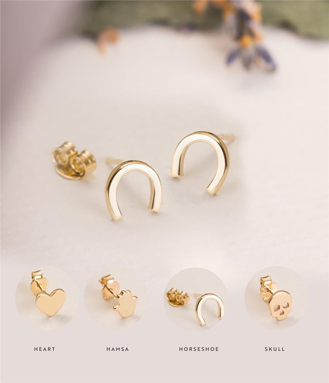 Hamsa Hand of Fatima Heart Skull Stud Solid Gold Earring