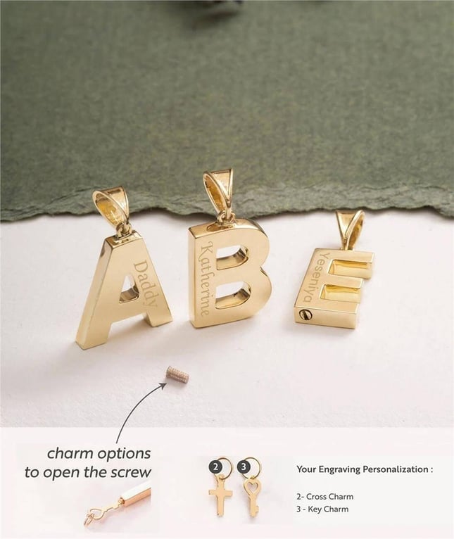 Cremation Key Cross Initial Letter Solid Gold Charm