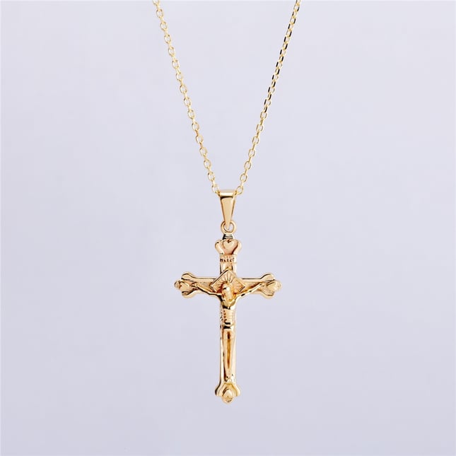 Heart Cross Engraved Solid Gold Necklace