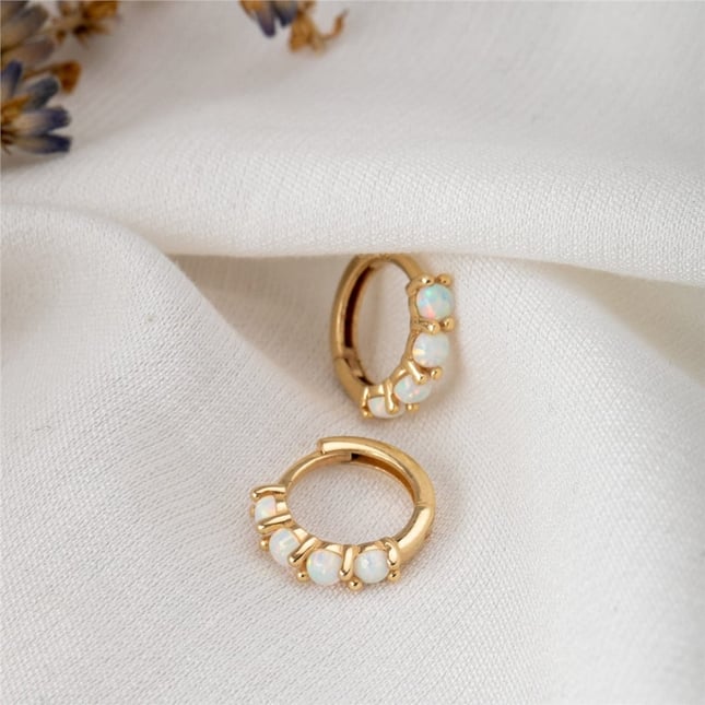 Opal Hoop Huggie Solid Gold Earring