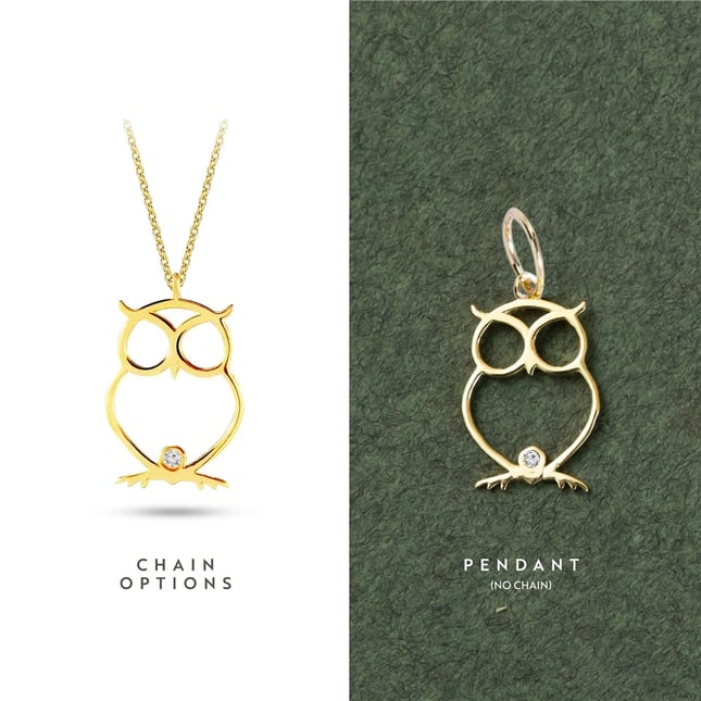 0.01 Ct Diamond Owl Solid Gold Necklace