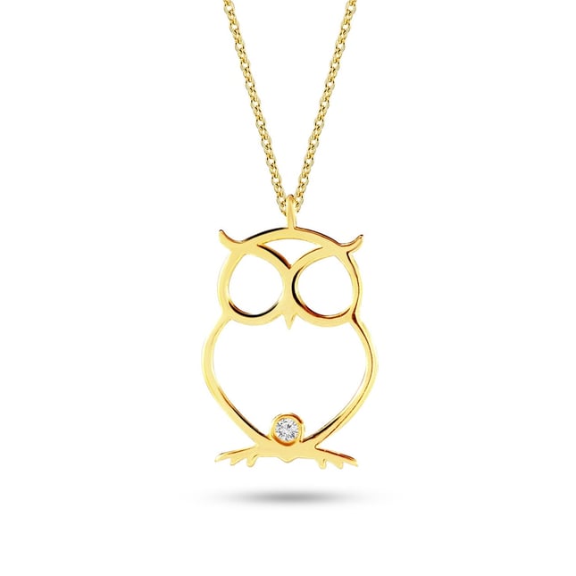 0.01 Ct Diamond Owl Solid Gold Necklace
