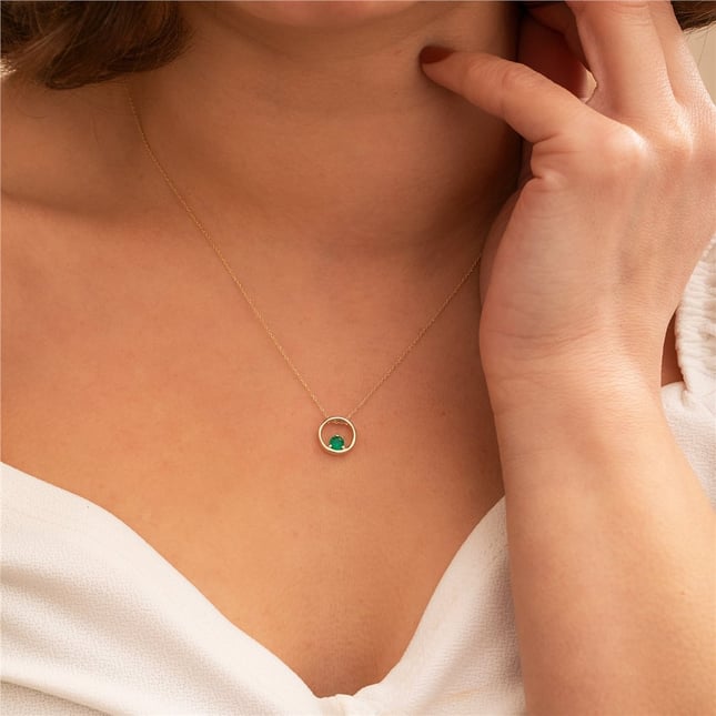 Emerald Solitaire Dainty Solid Gold Necklace