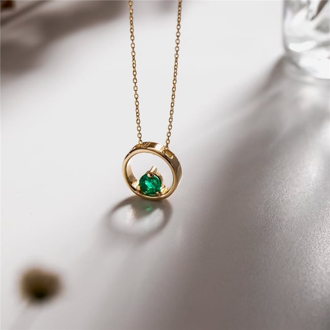 Emerald Solitaire Dainty Solid Gold Necklace