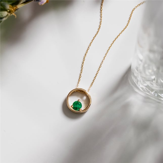 Emerald Solitaire Dainty Solid Gold Necklace