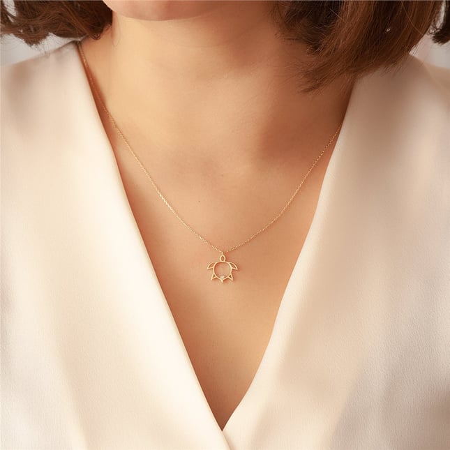 0.01 Ct Diamond Turtle Solid Gold Necklace