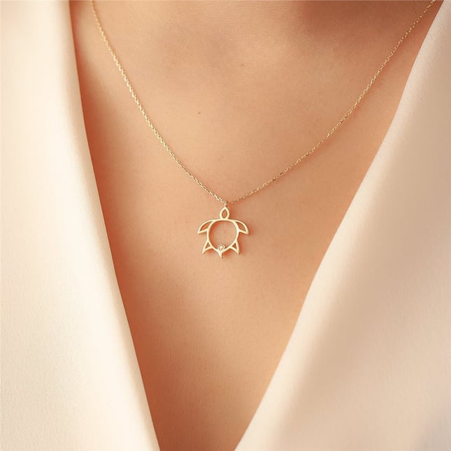0.01 Ct Diamond Turtle Solid Gold Necklace