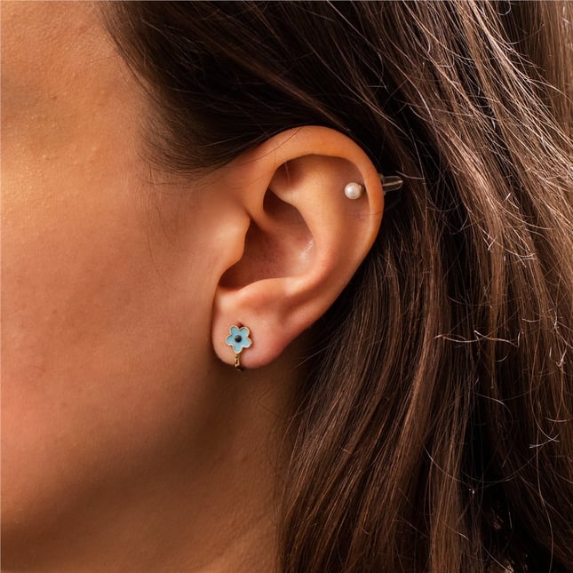 Turquoise Coral Hoop Huggie Solid Gold Earring