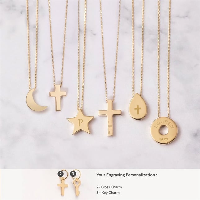 Cremation Crescent Moon Star Key Circle Cross Infinity Initial Solid Gold Necklace
