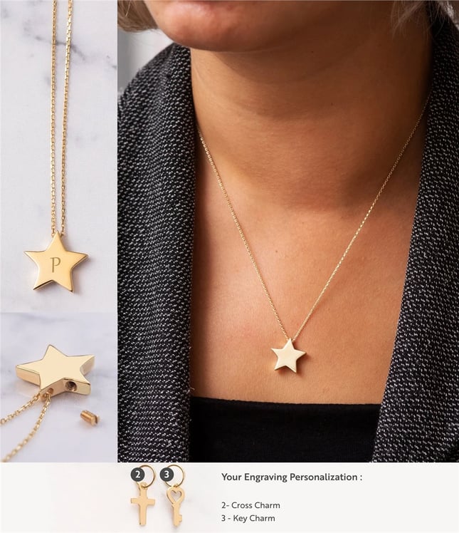 Cremation Crescent Moon Star Key Circle Cross Infinity Initial Solid Gold Necklace