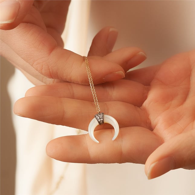 Motherm of Pearl Crescent Moon Solid Gold Necklace