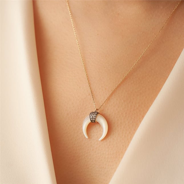 Motherm of Pearl Crescent Moon Solid Gold Necklace