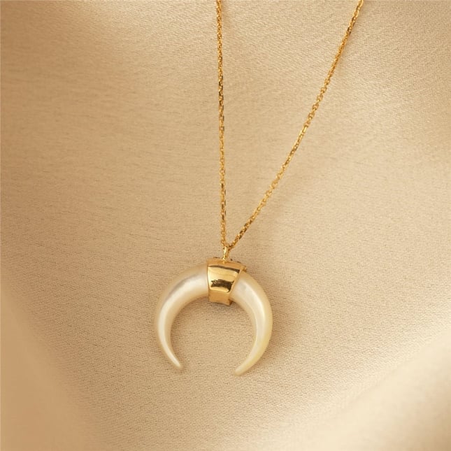 Motherm of Pearl Crescent Moon Solid Gold Necklace