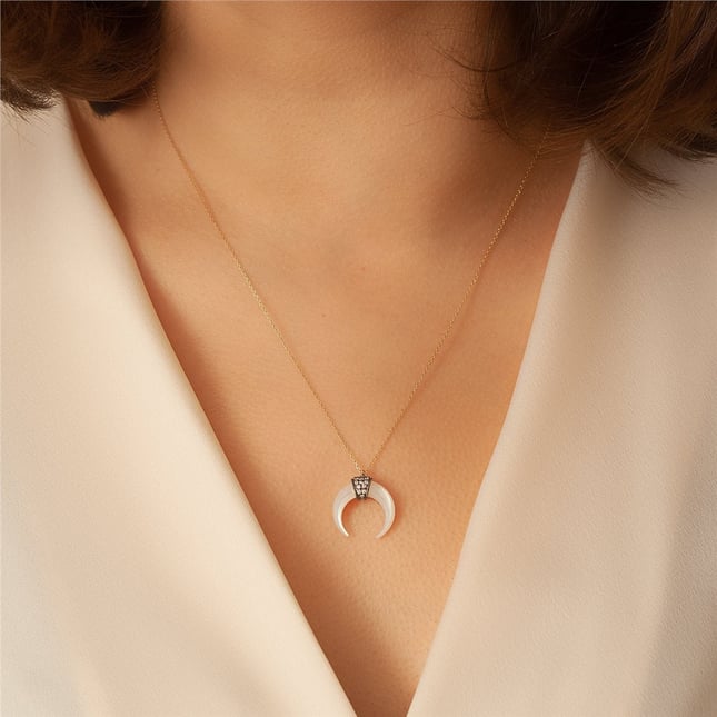 Motherm of Pearl Crescent Moon Solid Gold Necklace