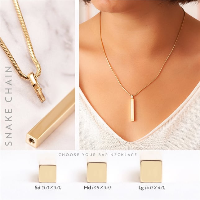 Cremation Snake Chain Personalized 3D Vertical Bar Solid Gold Necklace