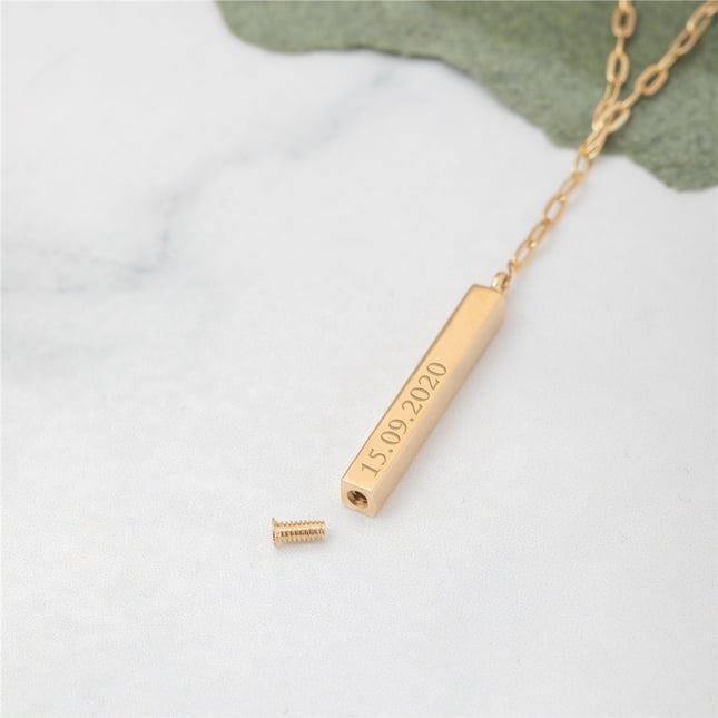 Personalized Lariat 3D Bar Solid Gold Cremation Necklace