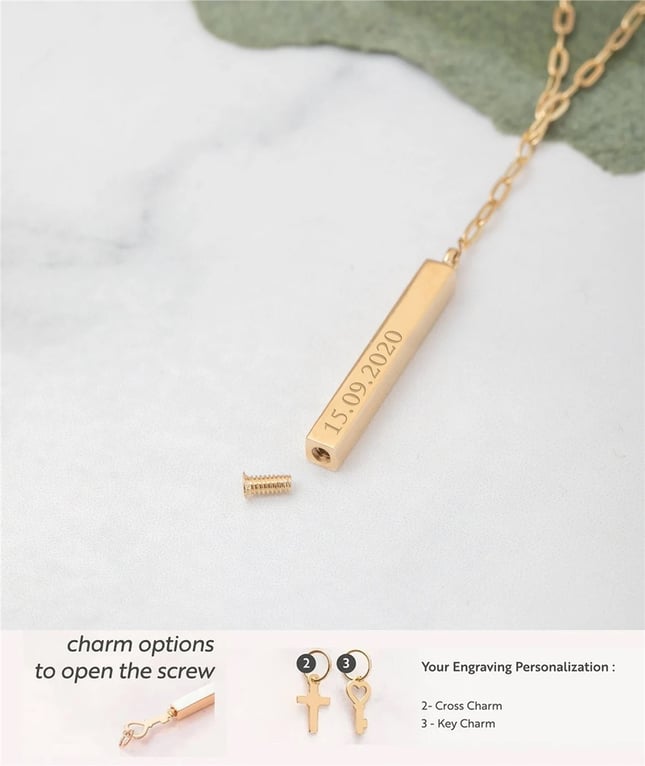 Personalized Lariat 3D Bar Solid Gold Cremation Necklace