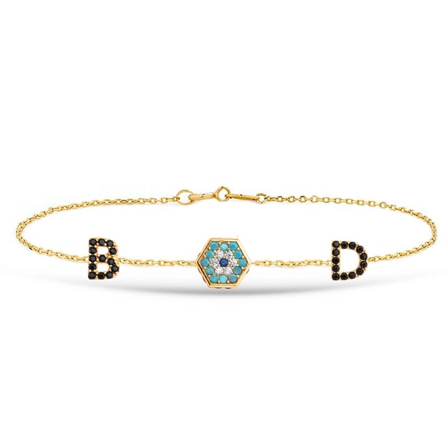 CZ Evil Eye Initial Letters Solid Gold Bracelet