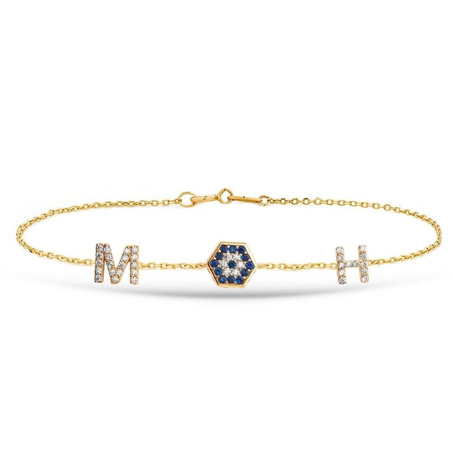 CZ Evil Eye Initial Letters Solid Gold Bracelet