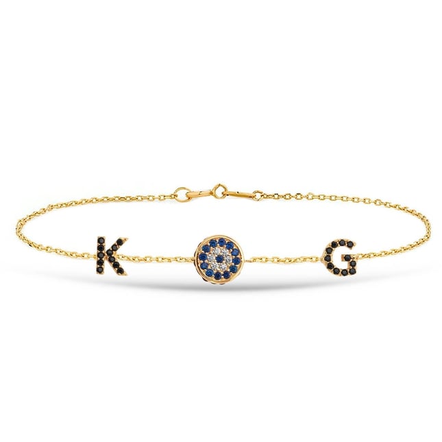 CZ Evil Eye Initial Letters Solid Gold Bracelet
