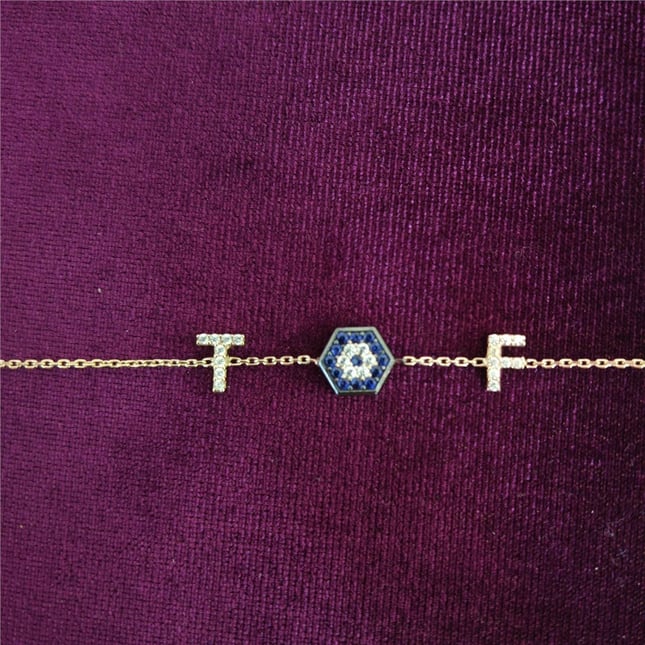 CZ Evil Eye Initial Letters Solid Gold Bracelet