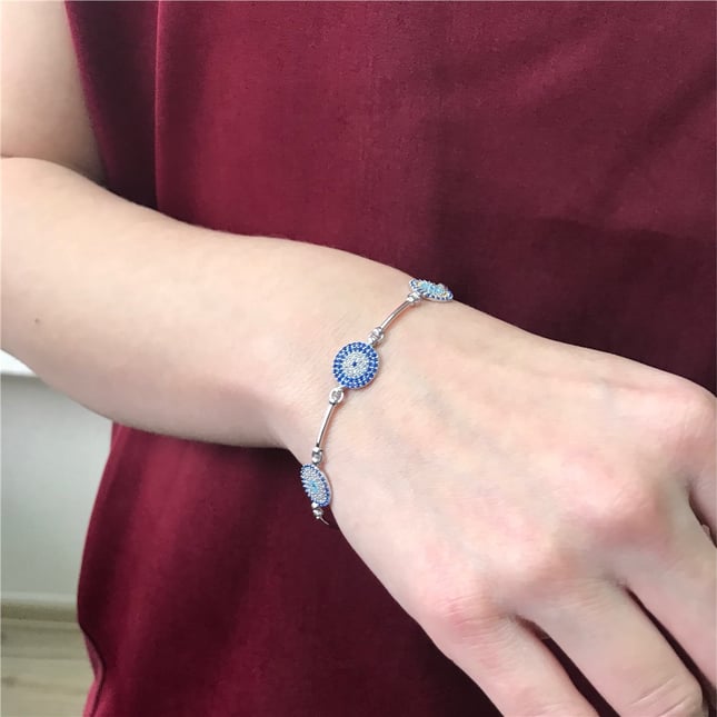 Turquoise 3 Evil Eye Bangle Solid Gold Bracelet