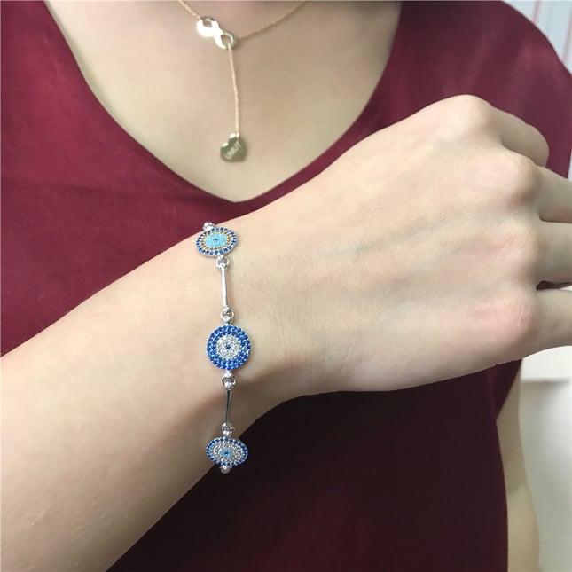Turquoise 3 Evil Eye Bangle Solid Gold Bracelet