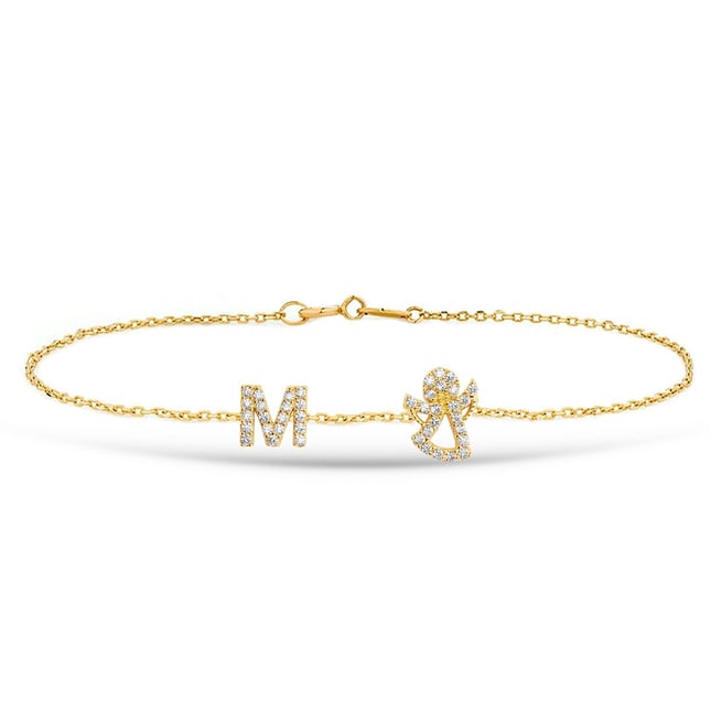 CZ Initial Letter Angel Initial Solid Gold Bracelet