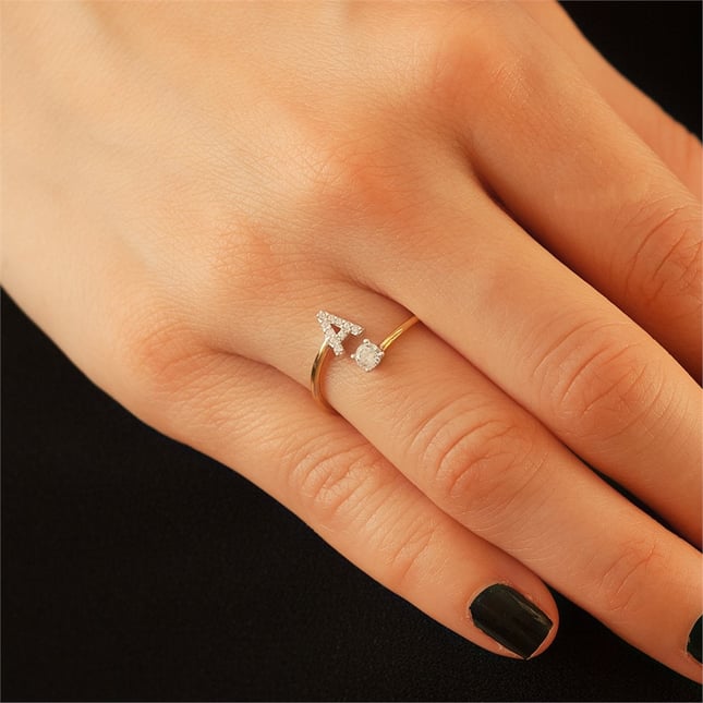 Pear CZ Initial Letter Solid Gold Ring