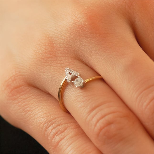 Pear CZ Initial Letter Solid Gold Ring
