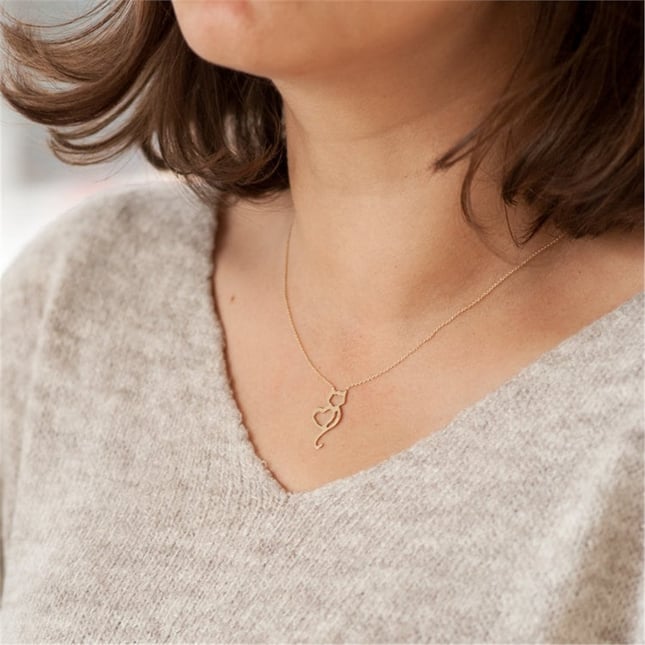 Heart Cat Solid Gold Necklace